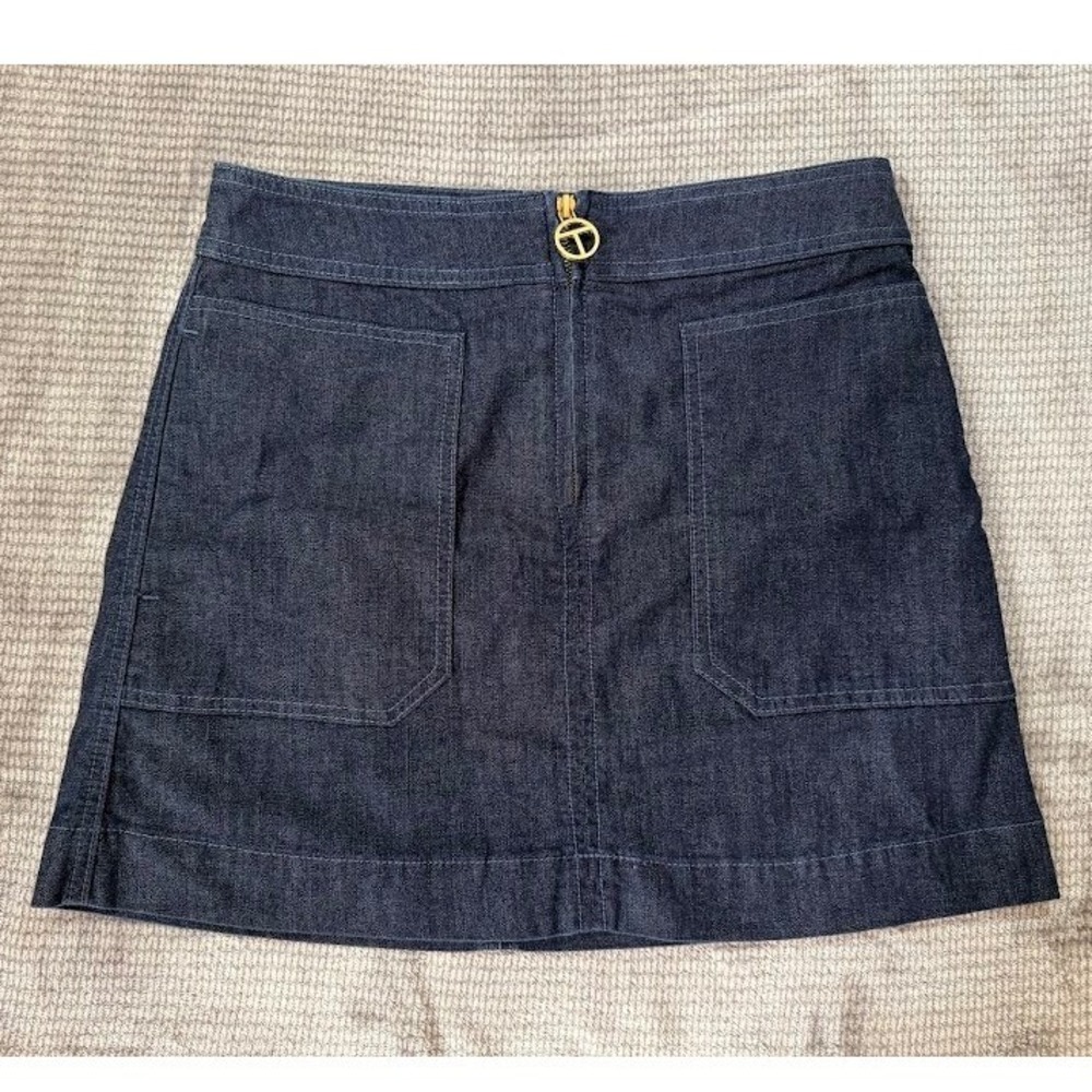 Tory Burch Dark Wash‎ Denim Mini Skirt Indigo Gold Logo Zip Front Size 0 28X15
